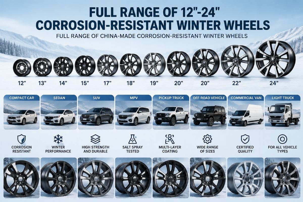 Full range of 12-24 inch corrosion-resistant winter wheels for all vehicle types