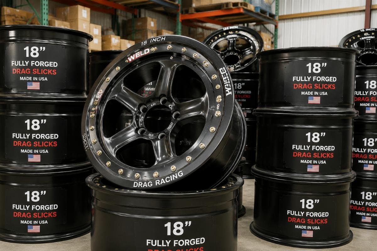 18-inch fully forged drag racing slicks rims stacked in a warehouse