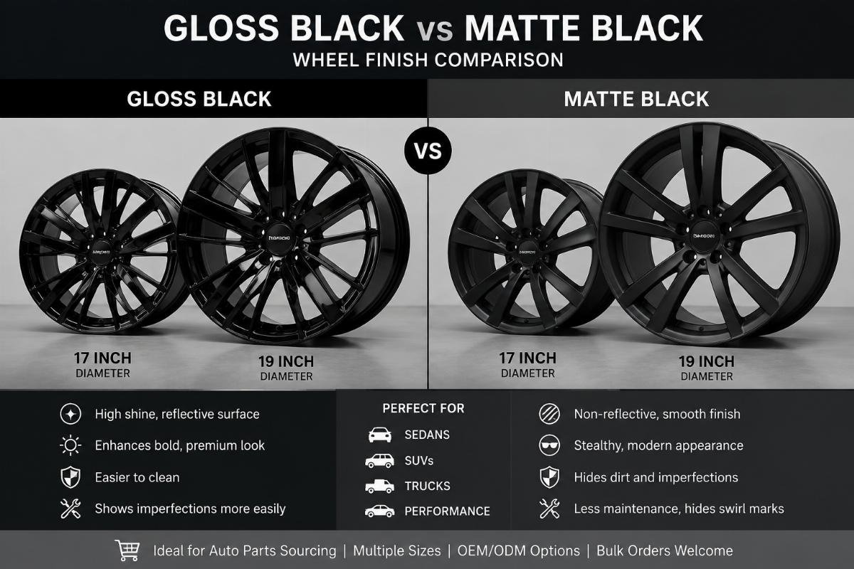 Side by side comparison of gloss and matte black wheel finishes on 17 and 19 inch rims