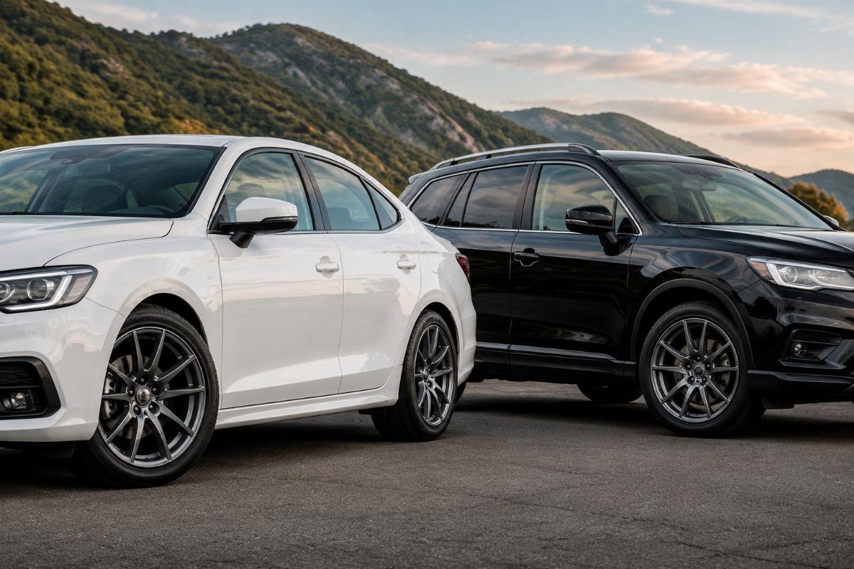 Gunmetal finished alloy wheels mounted on a white sedan and black SUV side by side