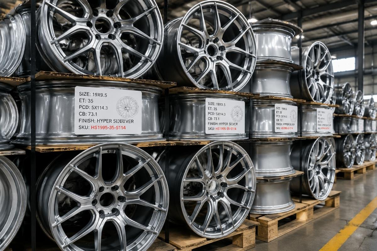 Stacked finished hyper silver wheels in a factory warehouse, labeled with size and SKU tags