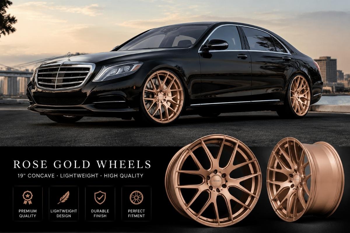 A set of polished 19-inch concave rose gold wheels mounted on a luxury sedan