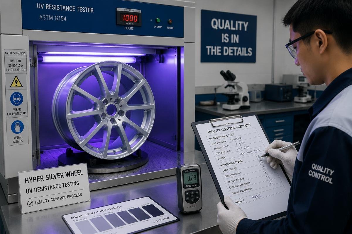 Hyper silver wheel quality control process Hyper silver wheel sample undergoing UV resistance testing in a lab environment