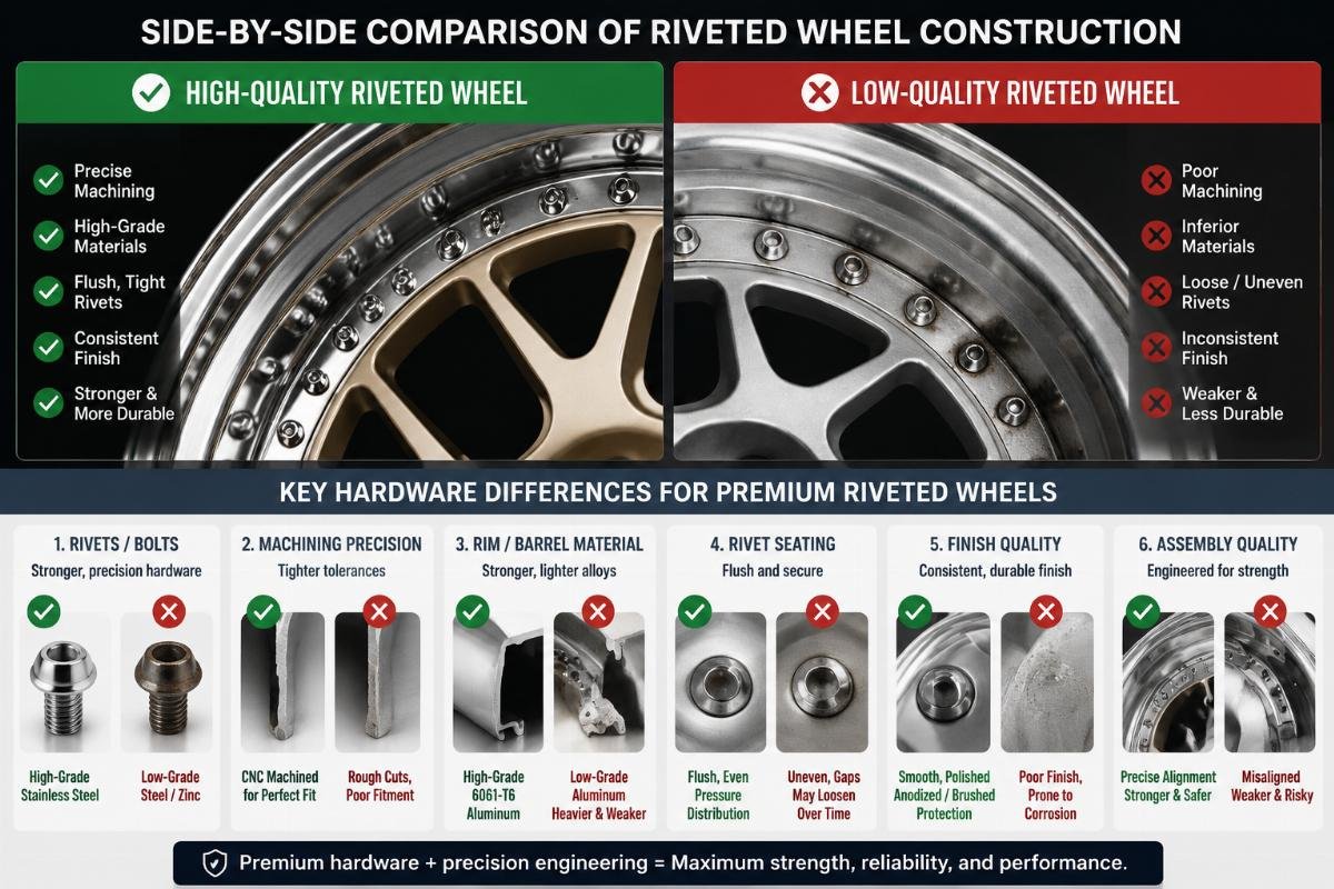 Side-by-side comparison of high-quality and low-quality riveted wheel construction