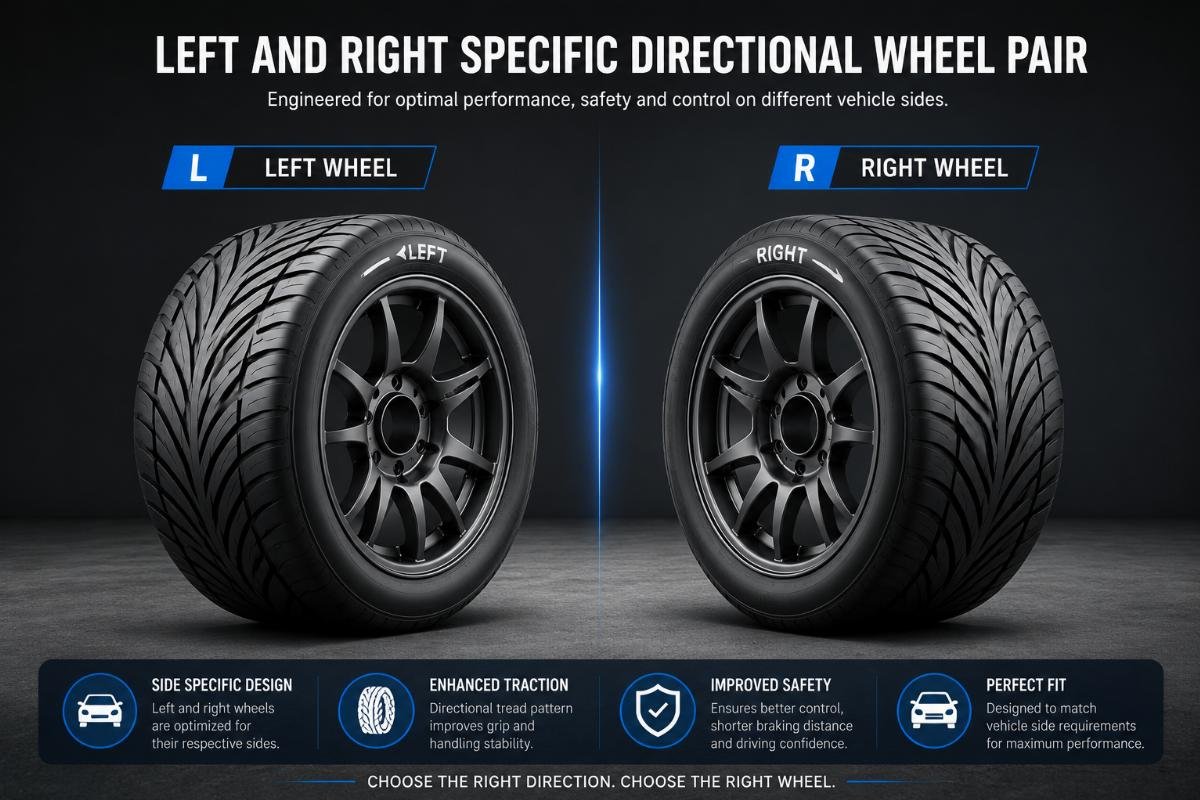 Left and right specific directional wheel pair displayed side by side for different vehicle sides