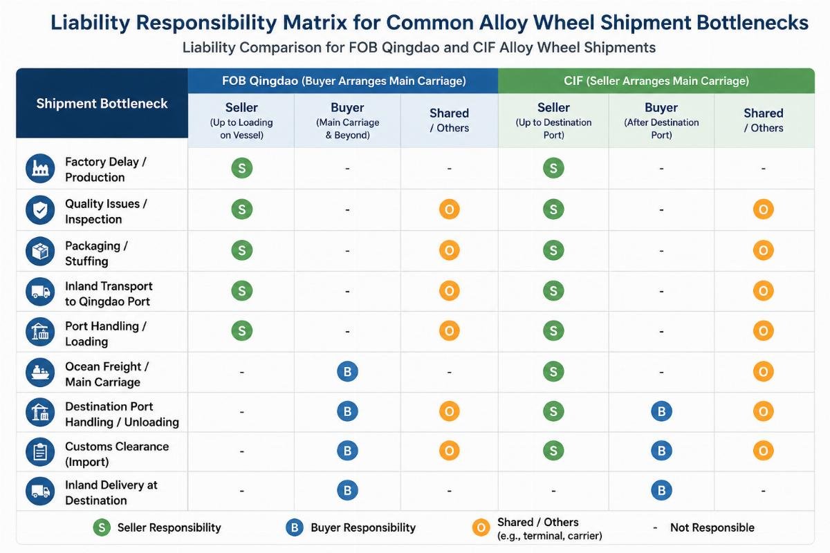 Liability responsibility matrix for common alloy wheel shipment bottlenecks