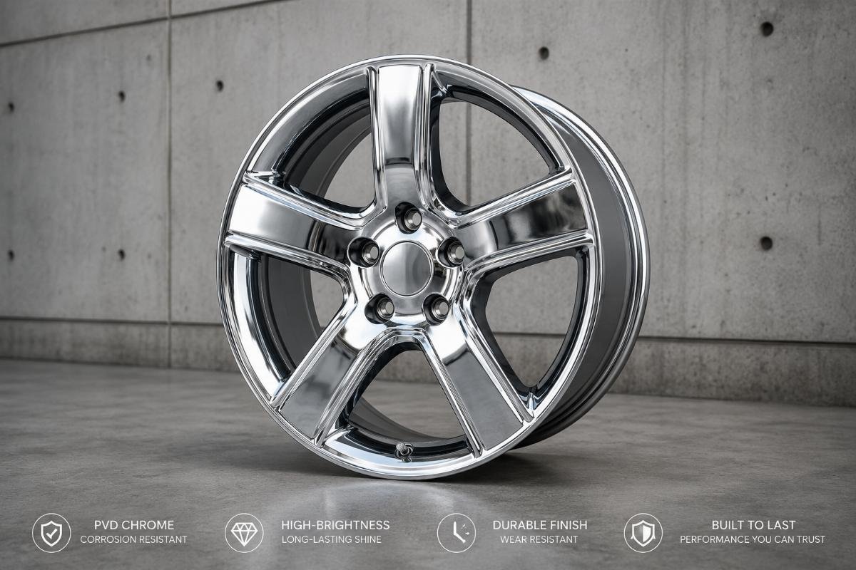 PVD chrome wheel with consistent high-brightness finish displayed against a neutral industrial background