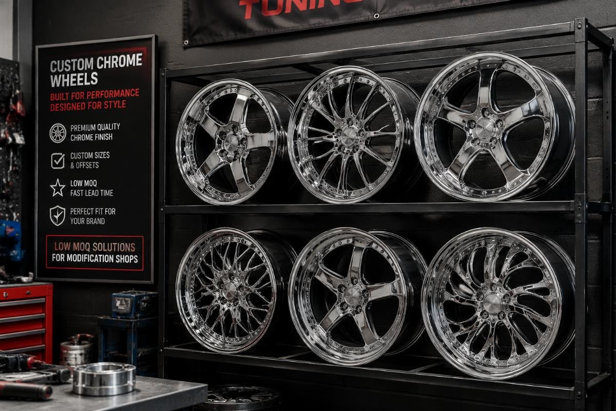 Low MOQ custom chrome wheels for modification shops Custom chrome wheels displayed on a workshop rack for a tuning client