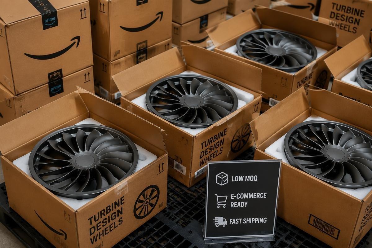 Turbine design wheels packaged in Amazon-ready shipping boxes