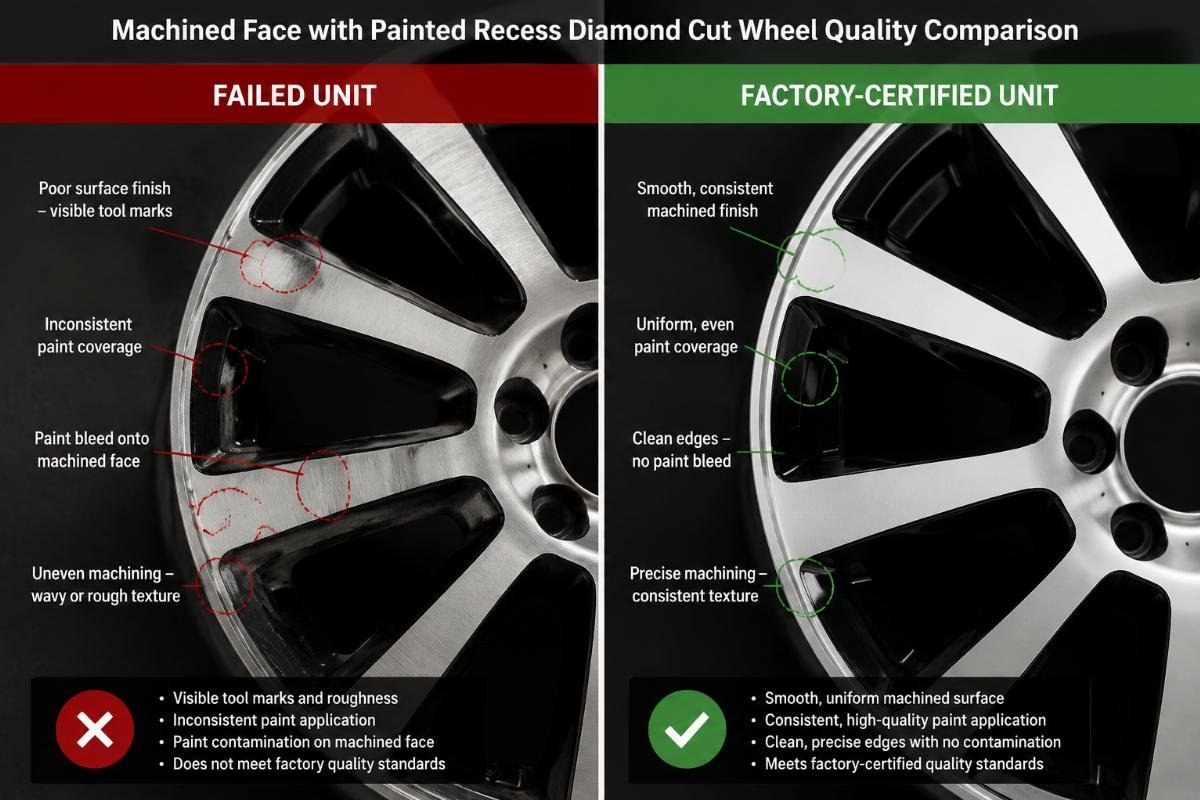 A side-by-side comparison of a failed machined face with painted recess diamond cut wheel (left) and a factory-certified unit (right) showing clear surface integrity differences