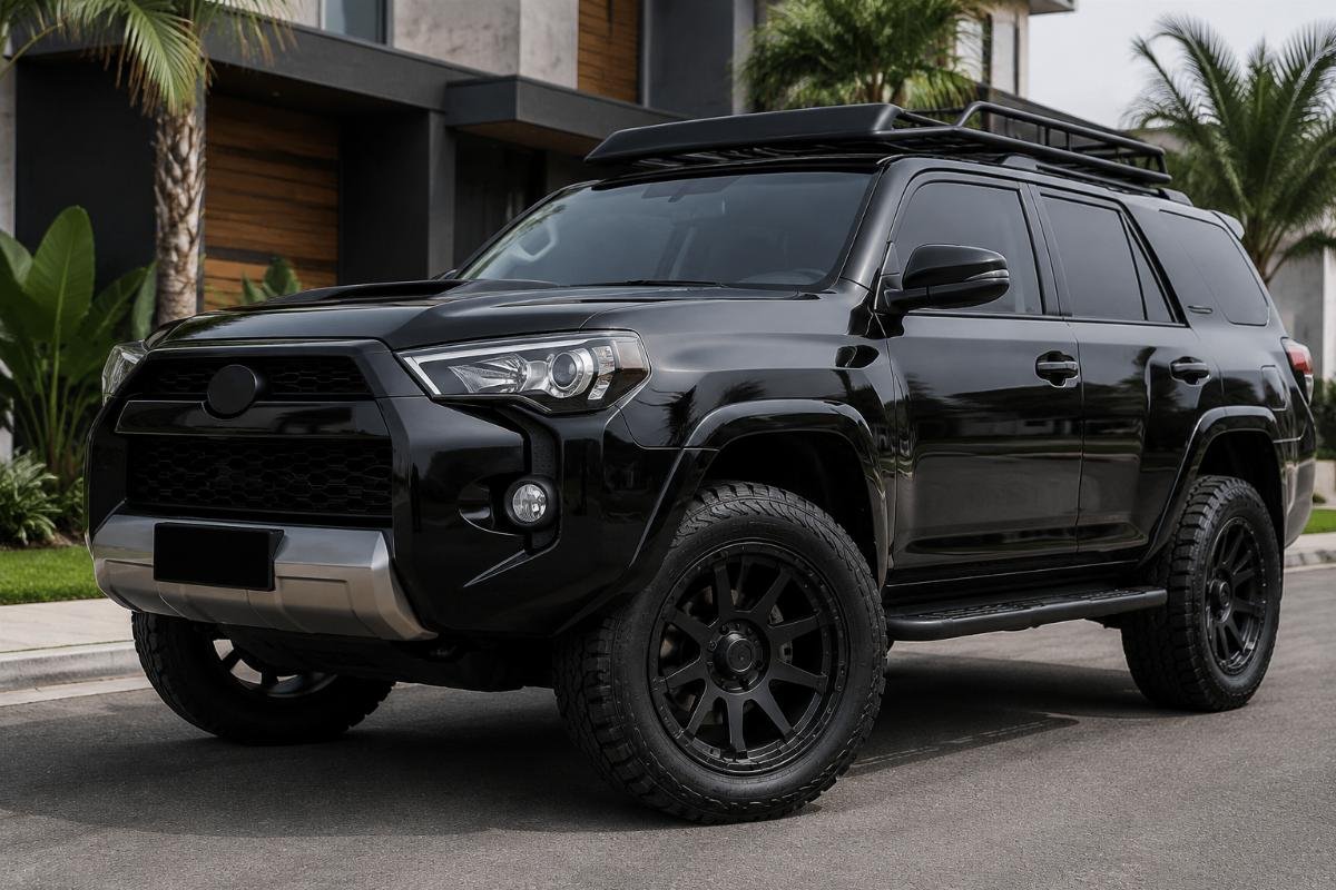 Matte black alloy wheels mounted on a modified SUV, showing uniform finish and fit