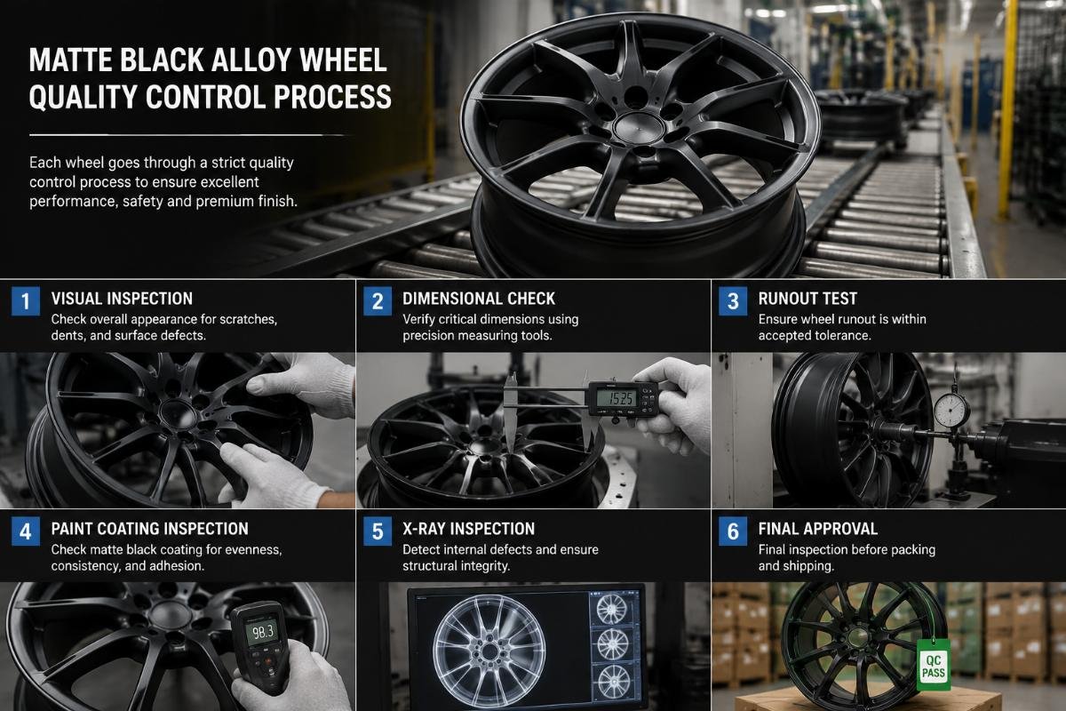 Matte black wheel quality control process Matte black alloy wheel on a production line showing quality check steps