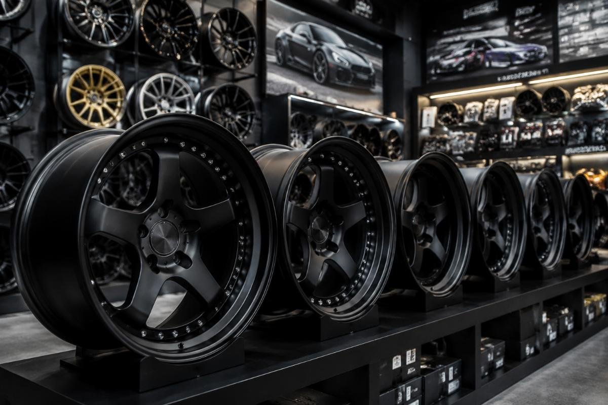 Matte black wheel stock for premium modification and tuning clients Matte black custom deep lip wheels on display at a tuning shop