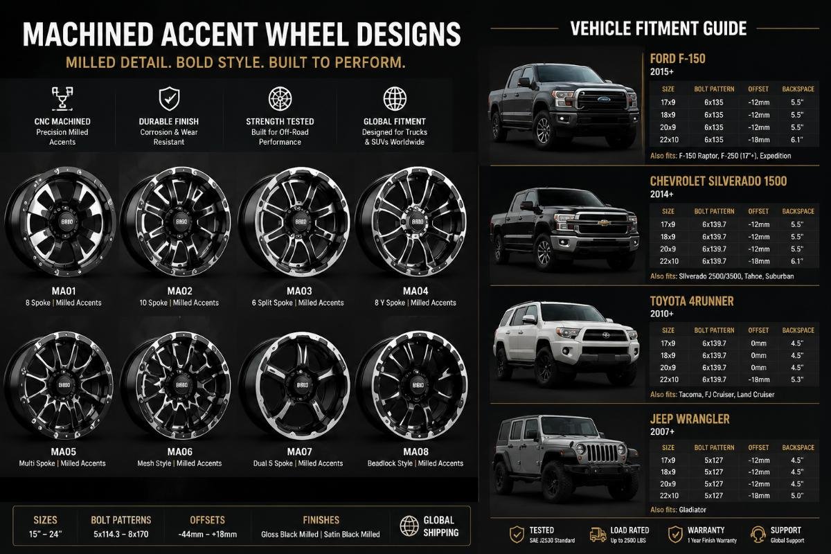 Multiple machined accent wheel designs displayed alongside vehicle fitment guides