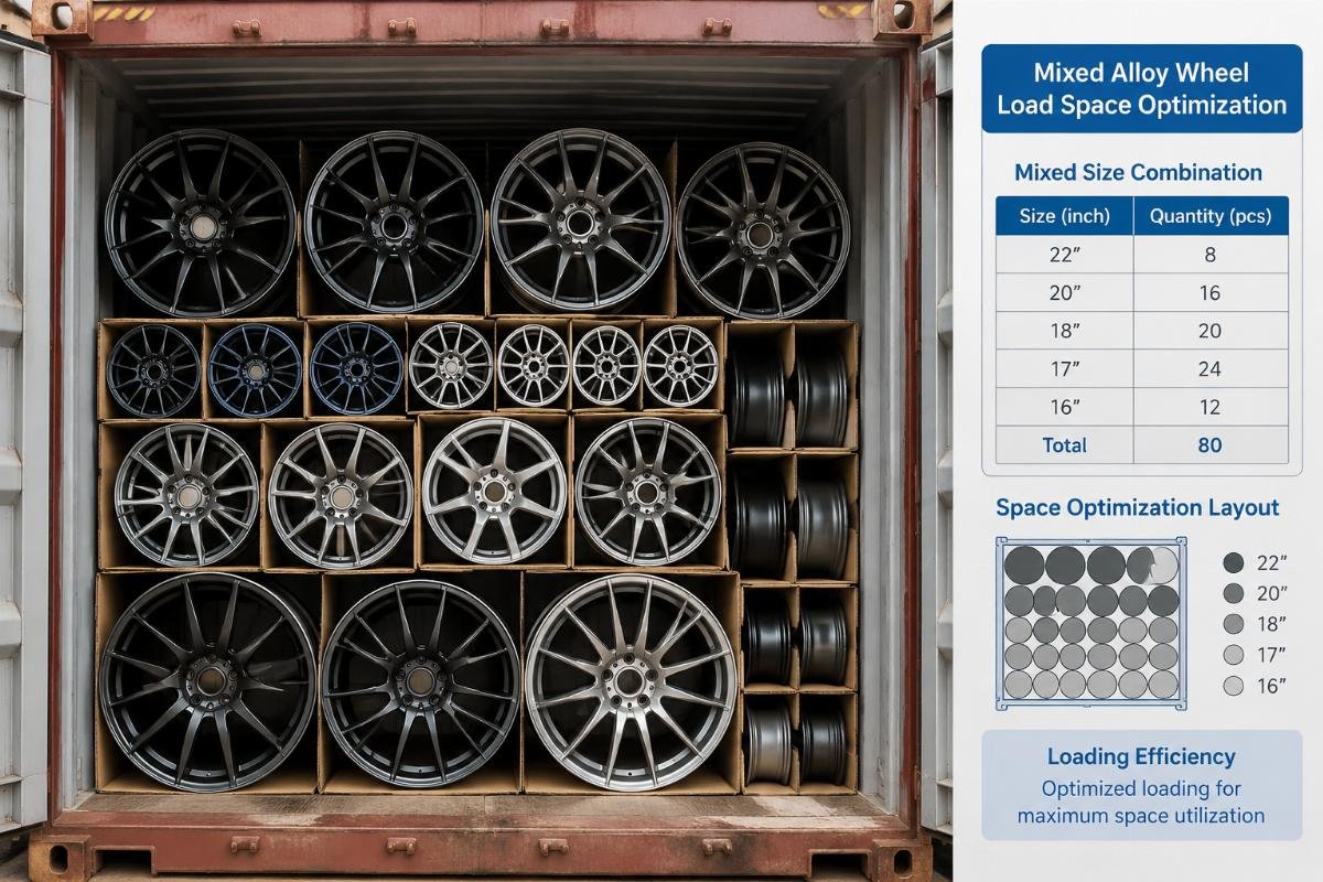 Mixed size alloy wheels arranged in a shipping container for space optimization