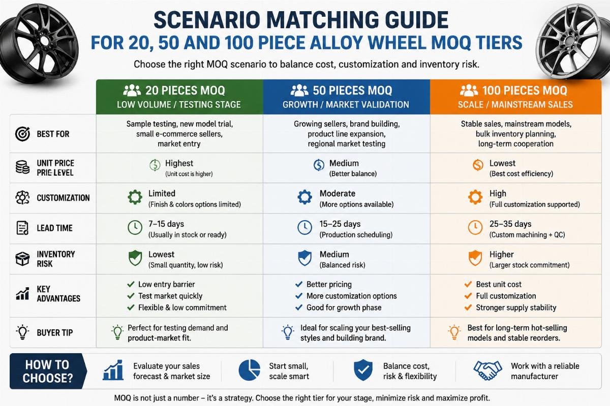 MOQ scenario matching for alloy wheel buyers Scenario matching guide for 20, 50 and 100 piece alloy wheel MOQ tiers