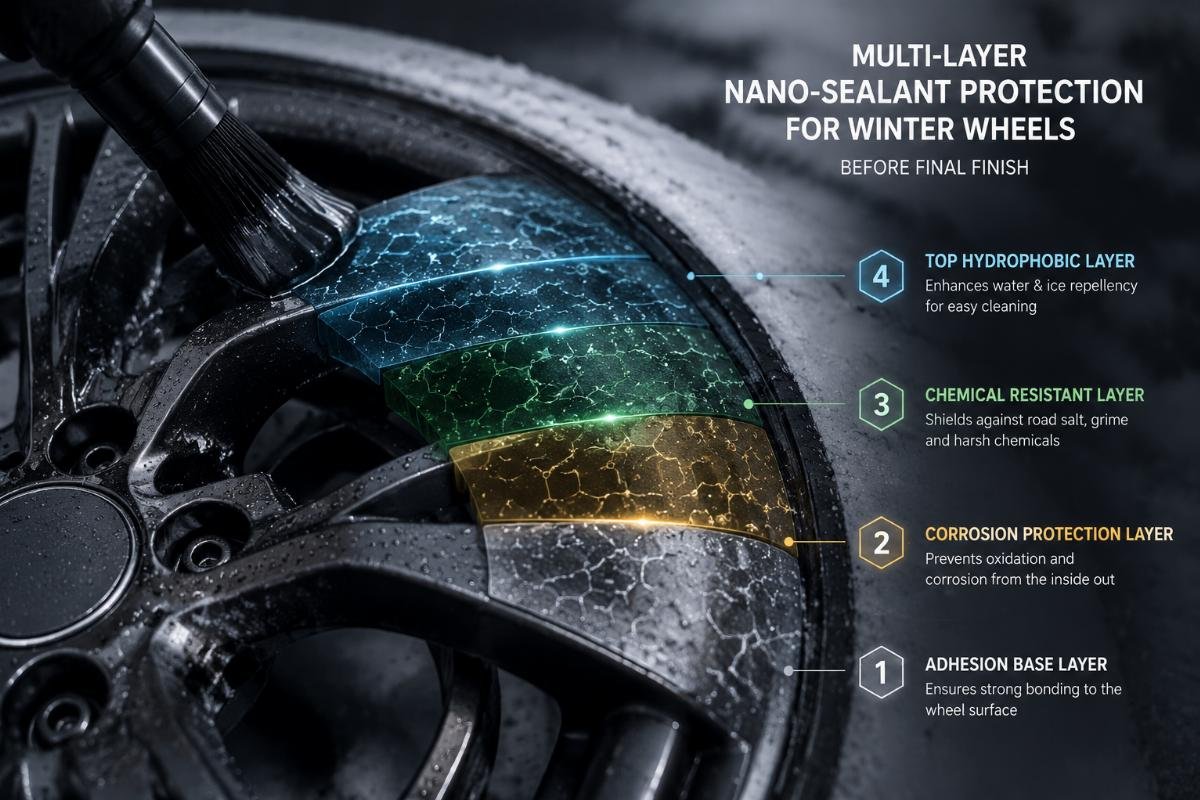 Close-up of multi-layer nano-sealant application on a winter wheel before final finish