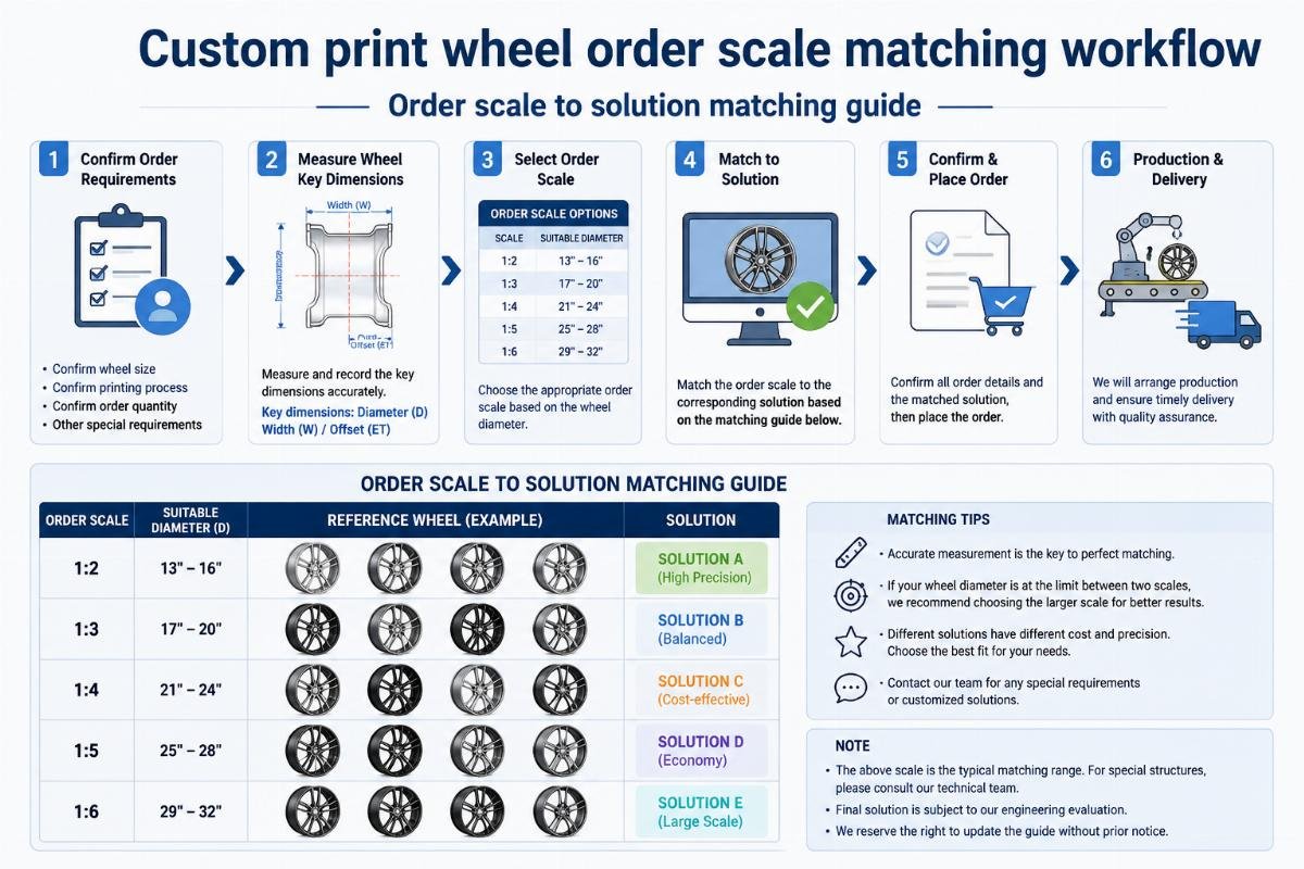 Custom print wheel order scale matching workflow