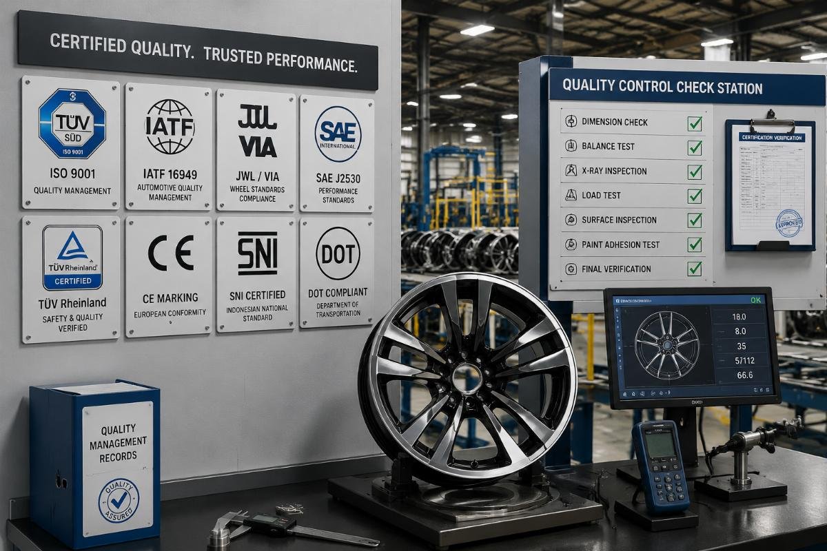 Quality control and certification verification for wheel production Certification badges and quality control check station at a wheel manufacturing facility