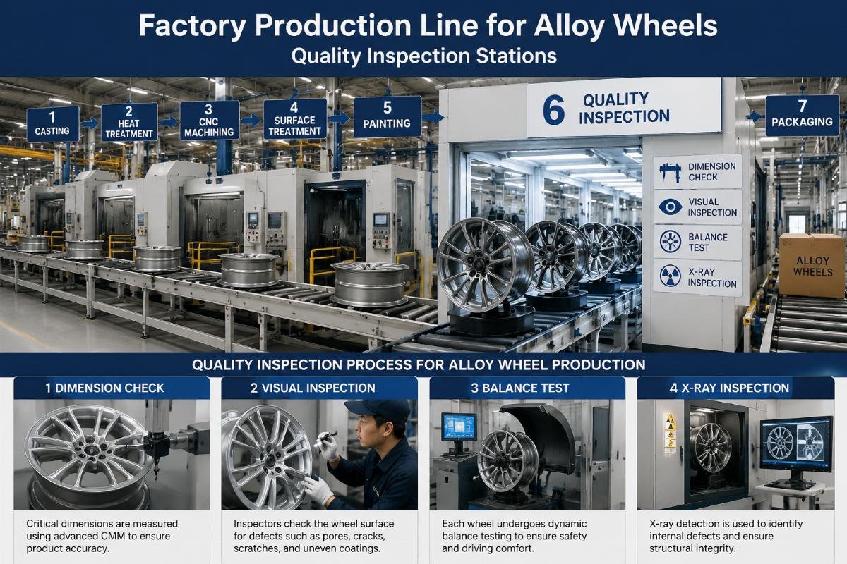 Quality inspection process for alloy wheel production Factory production line for alloy wheels showing quality inspection stations