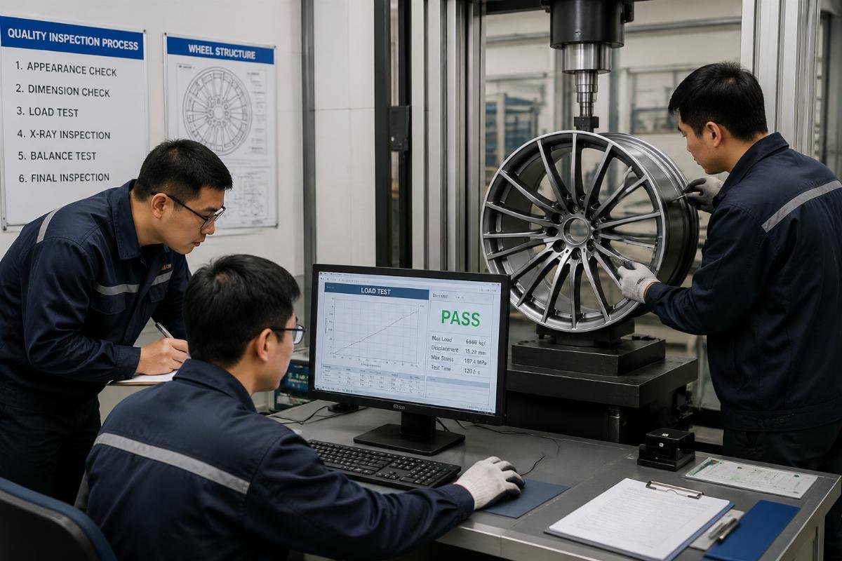 Quality inspection process for multi-spoke alloy wheels A supplier quality inspection team checking multi-spoke alloy wheel load test results