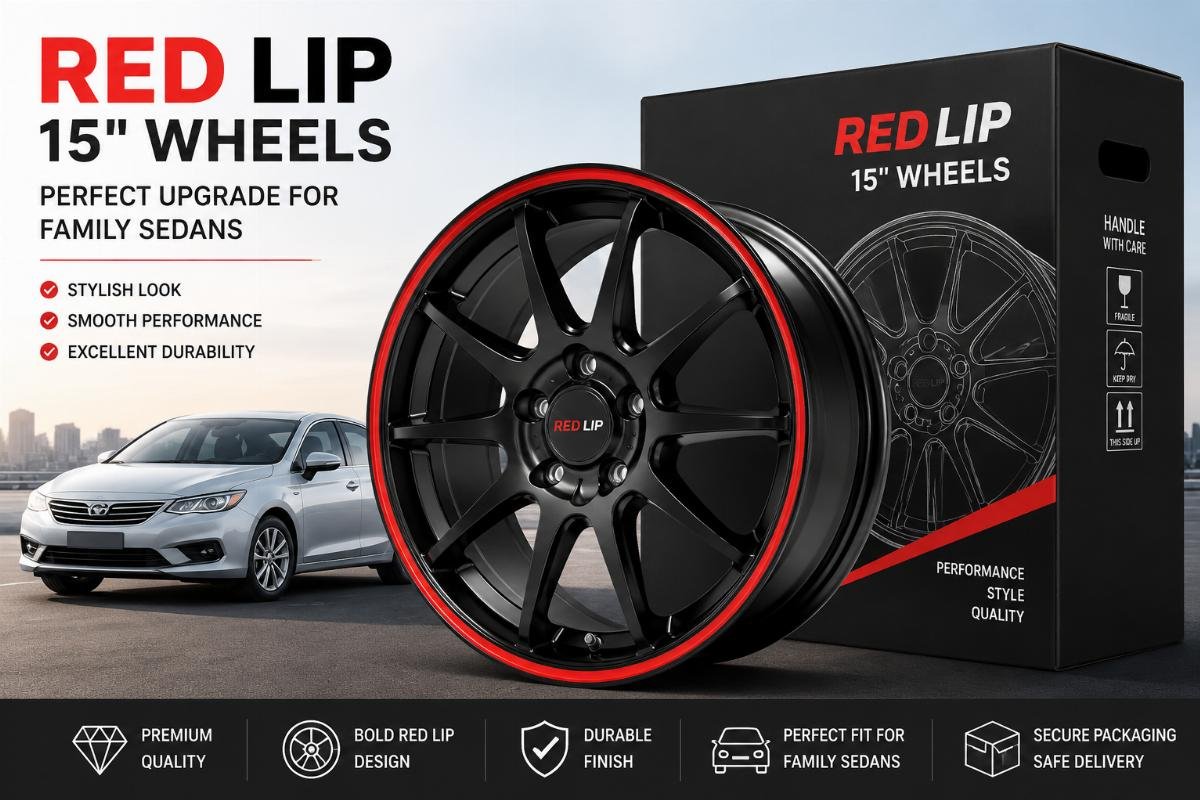 Red lip wheel e-commerce ready packaging Red lip 15 inch wheels for family sedan e-commerce listings