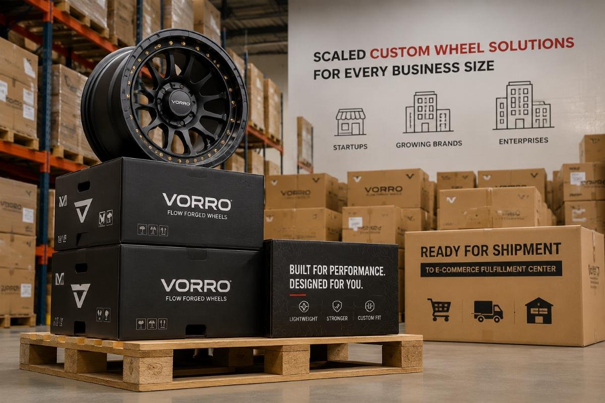 scaled custom wheel solutions for every business size A stack of wheels with custom branded packaging ready for shipment to an e-commerce fulfillment center