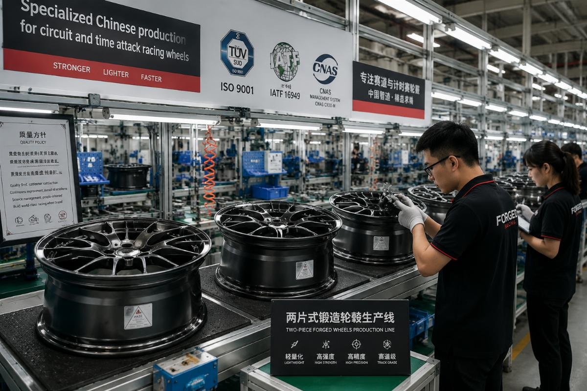 Specialized Chinese production for circuit and time attack racing wheels Production line of two-piece racing wheels in a certified Chinese manufacturing facility, with quality control staff inspecting finished units