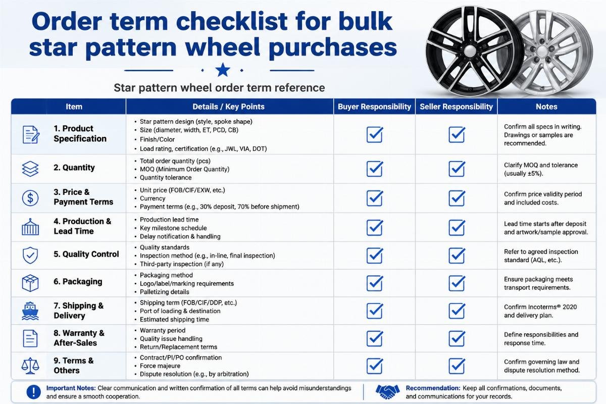 Star pattern wheel order term reference Order term checklist for bulk star pattern wheel purchases