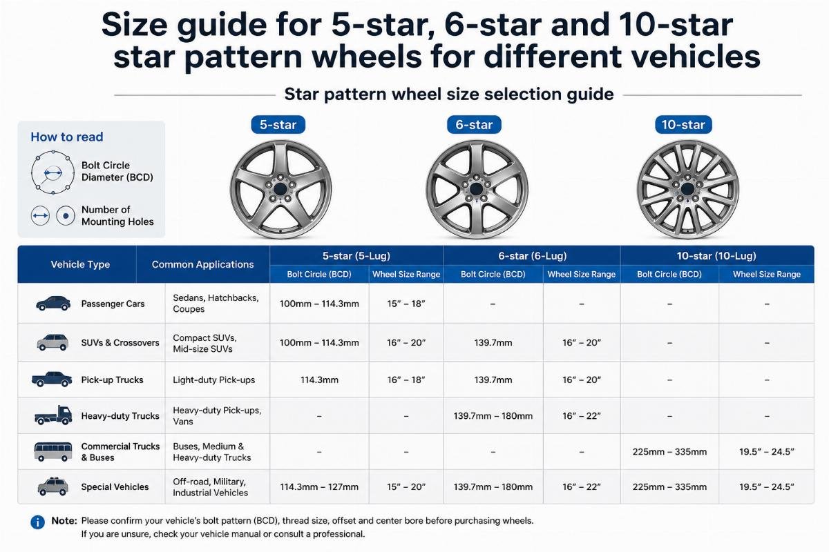Star pattern wheel size selection guide Size guide for 5-star, 6-star and 10-star star pattern wheels for different vehicles