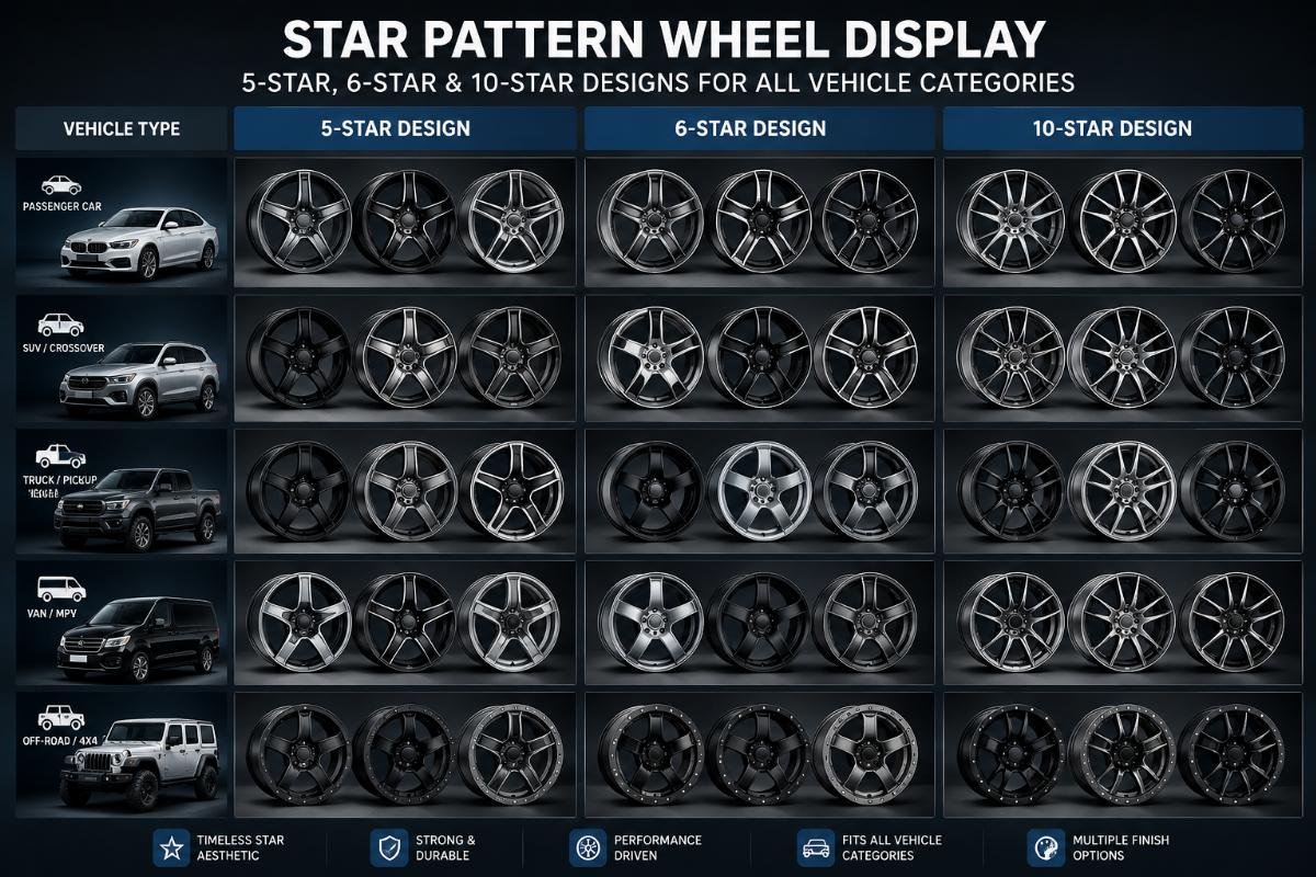 Star pattern wheels for all vehicle categories Star pattern wheel display covering 5-star, 6-star and 10-star designs for different vehicle types