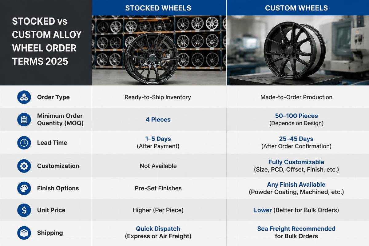 MOQ and lead time comparison table for stocked vs custom alloy wheel orders 2025