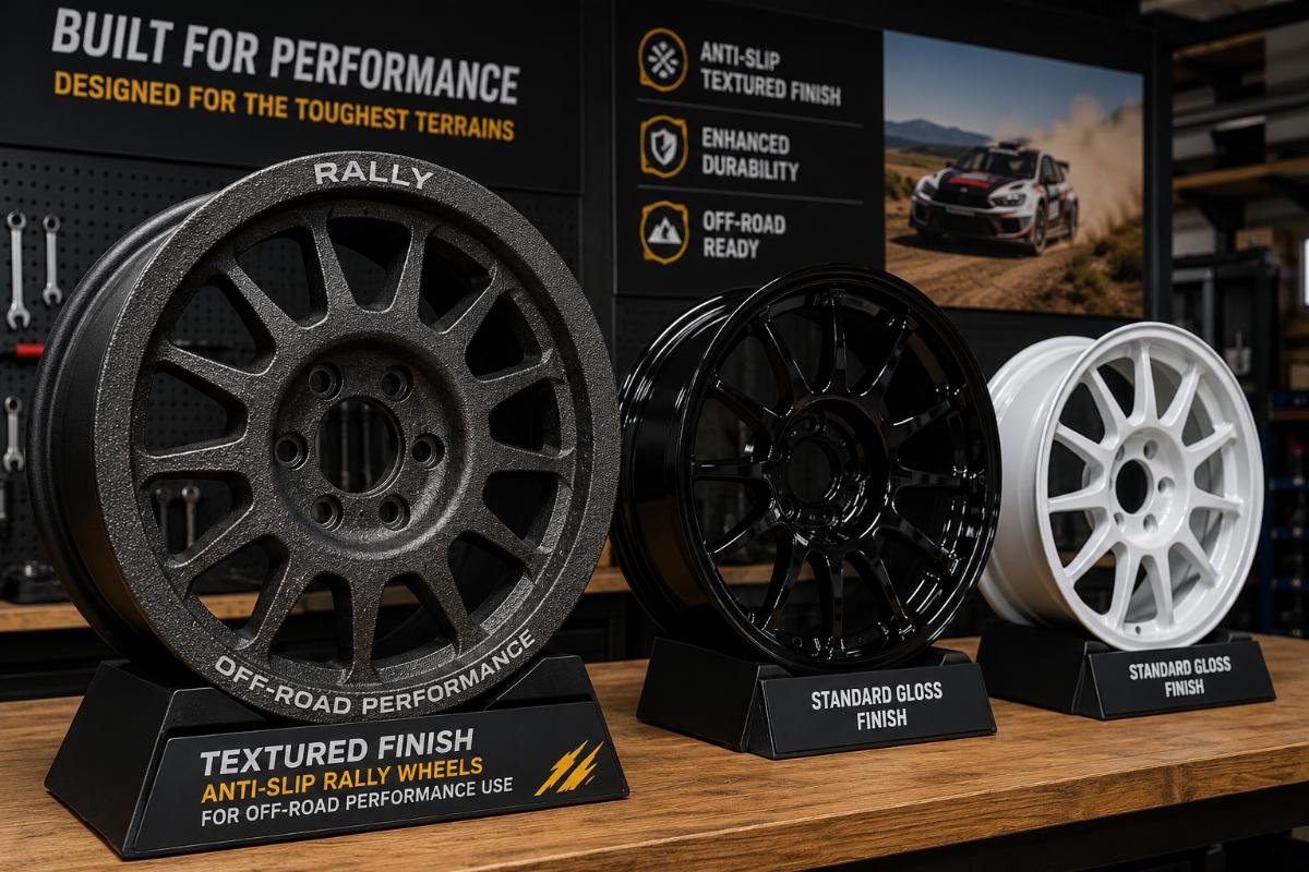 Workshop display of heavy-duty textured finish rally wheels next to standard gloss finish wheel samples