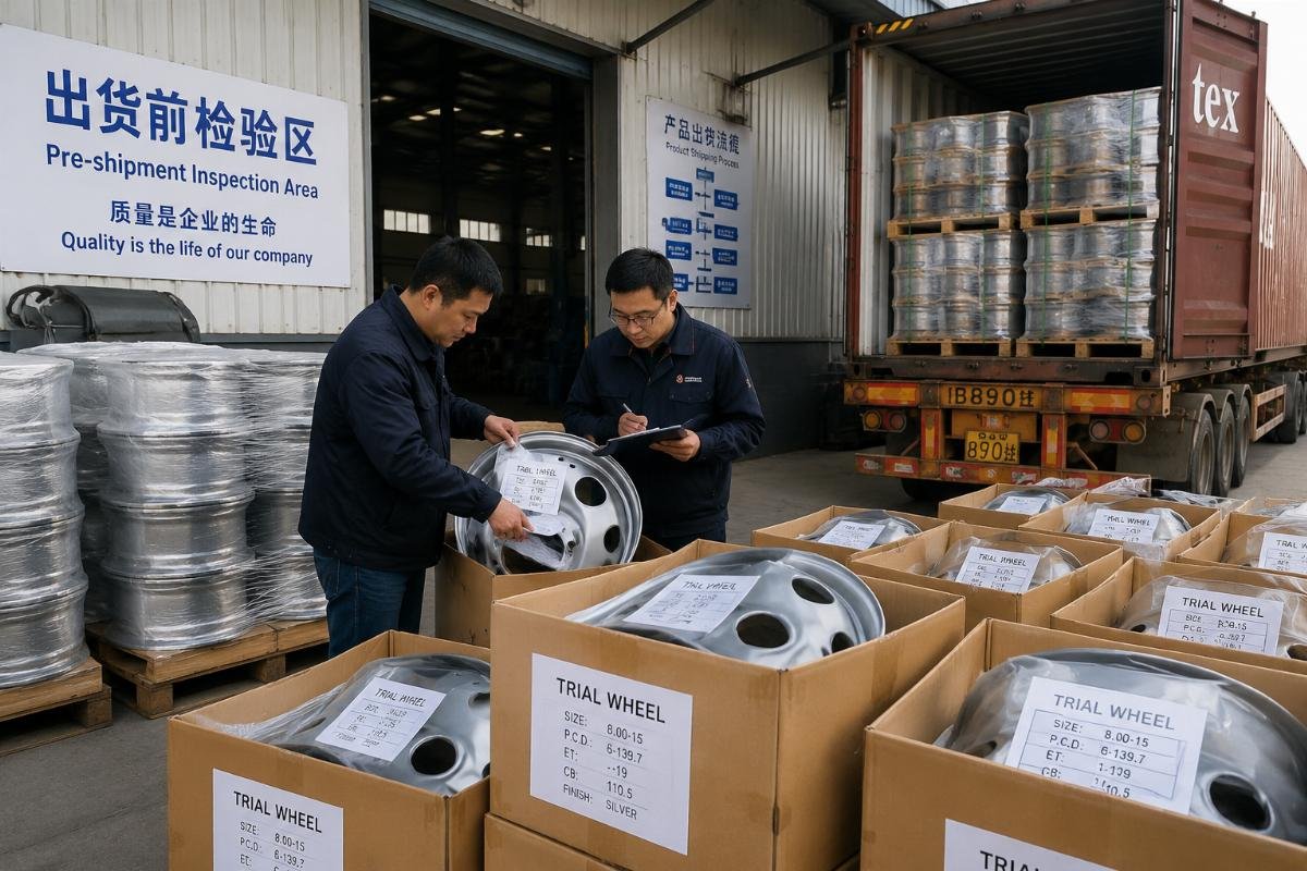 A shipment of labeled trial wheel rims being inspected at a Chinese factory loading dock