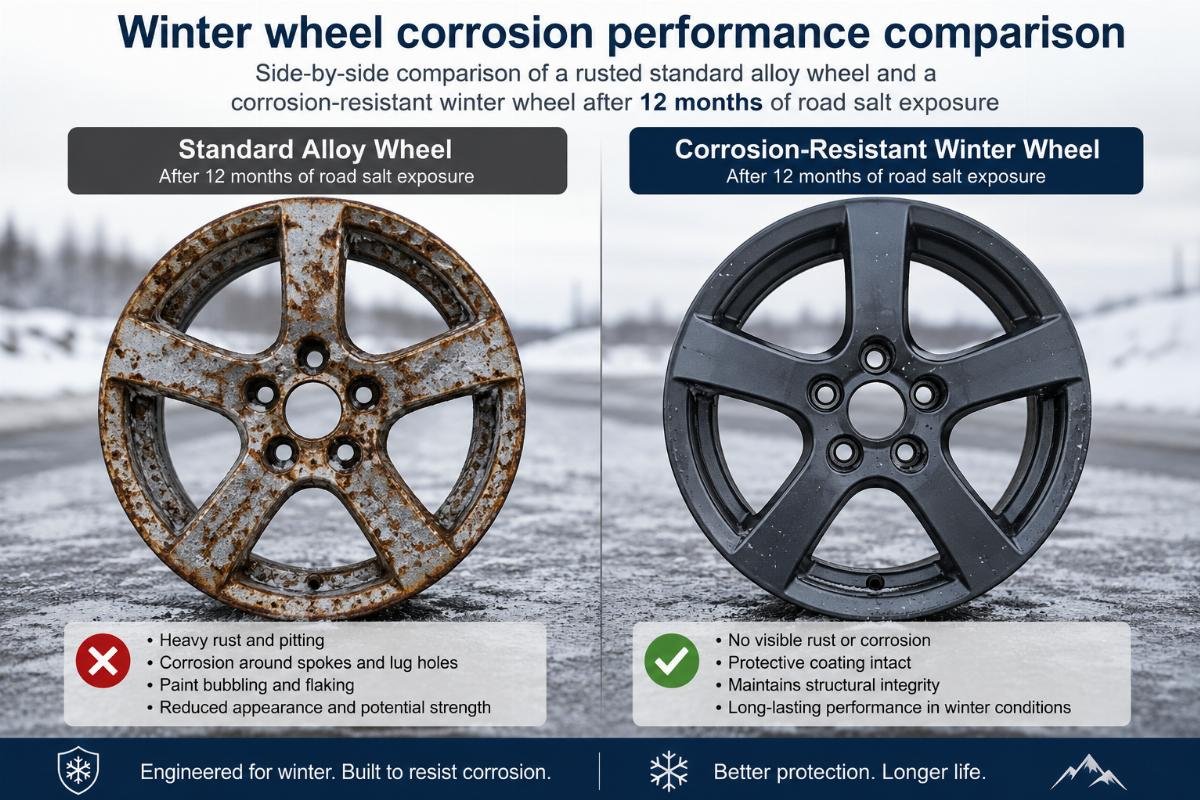 Side-by-side comparison of a rusted standard alloy wheel and a corrosion-resistant winter wheel after 12 months of road salt exposure