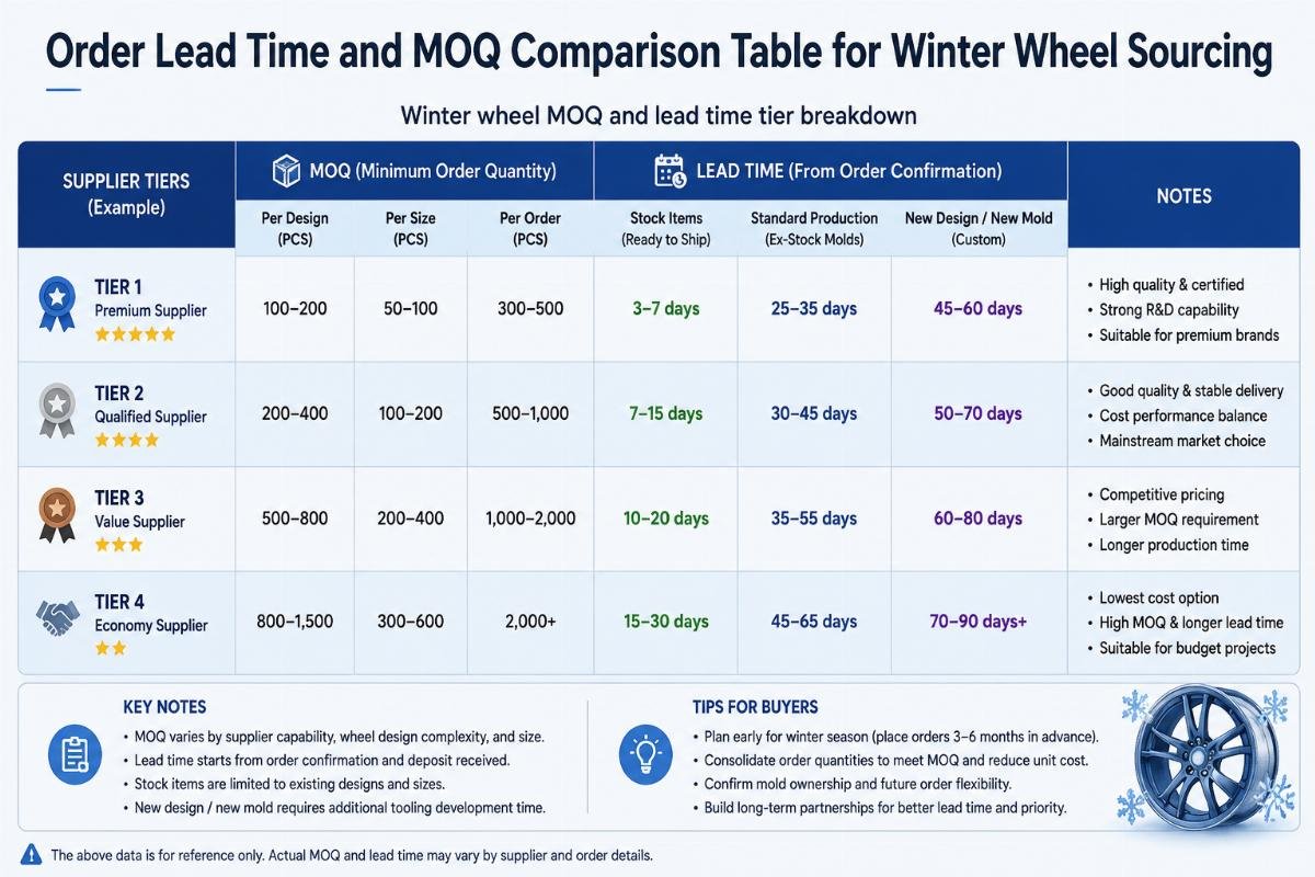 Order lead time and MOQ comparison table for winter wheel sourcing